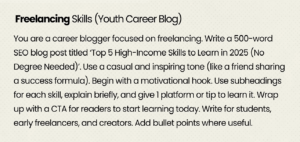 Freelancing Skills Youth career Blog Prompt